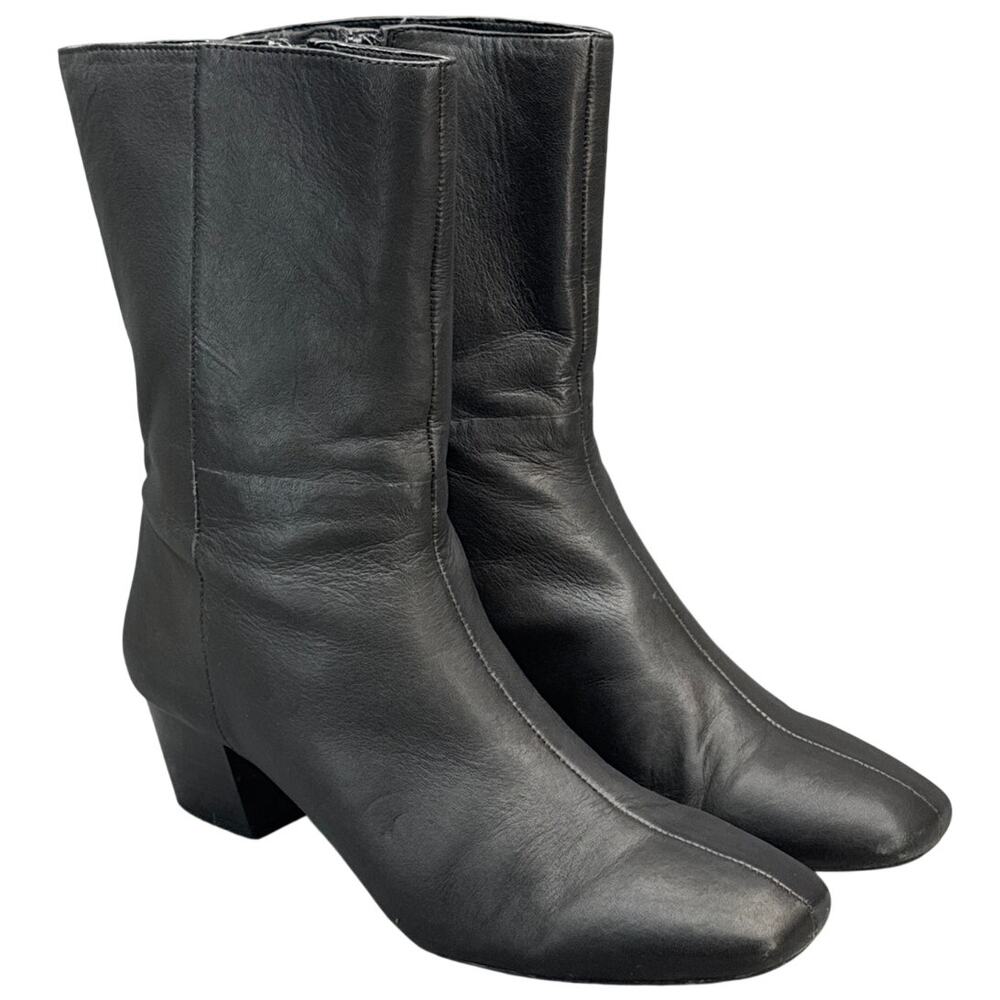 Antonio Melani Black Leather Block Heel Side Zip Ankle Boot Women 8